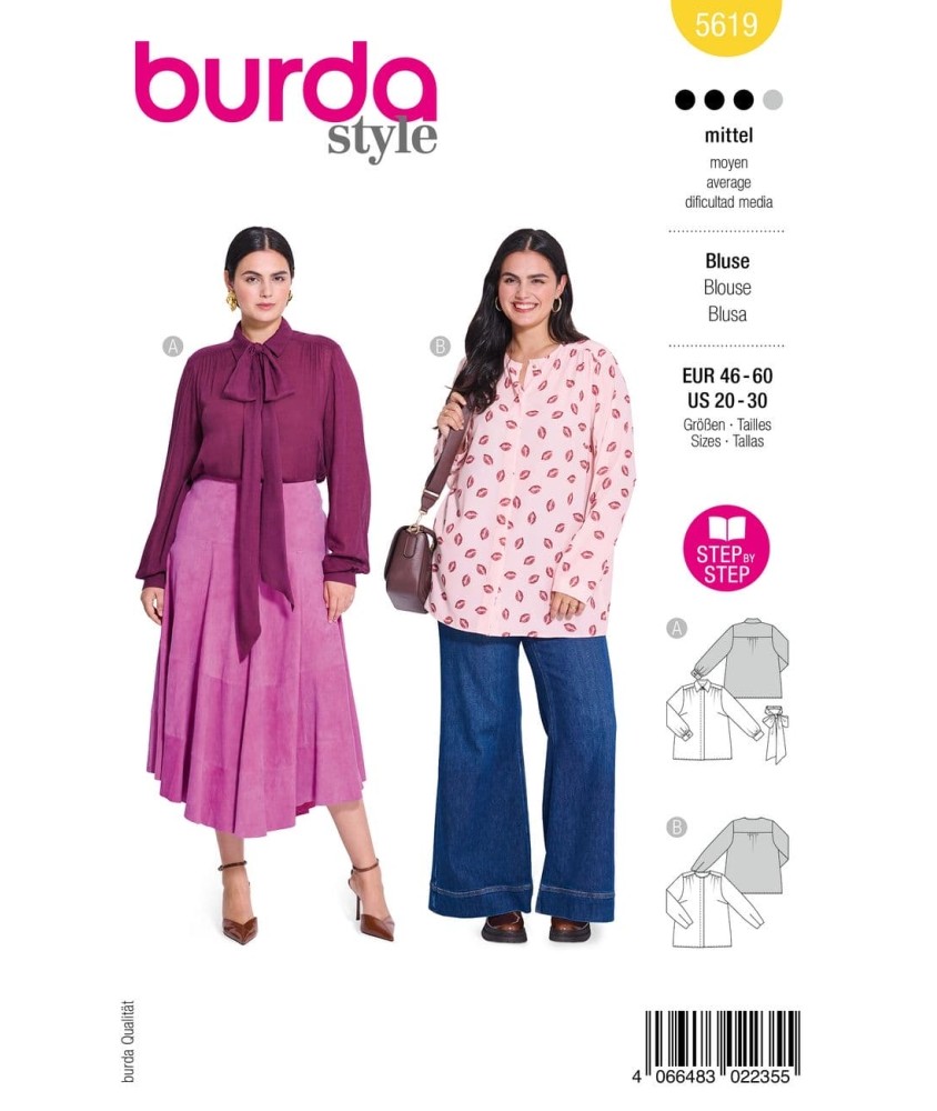 Patron Burda Style n°5619 – Blouse Col Nœud Femme Grandes Tailles 46-60 - pochette du patron, recto
