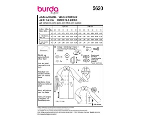 Patron Burda Style n°5620 – Trench & Veste Femme Tailles 36-46 - plan de montage et fournitures