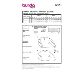 Patron Burda Style n°5623 – Sweat Court Manches Volume Femme Tailles 36-48 - plan de montage et fournitures