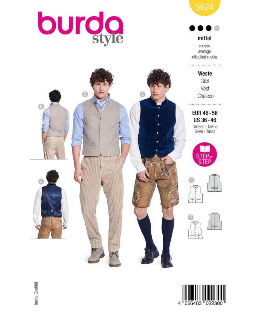 Patron Burda Style n°5624 – Gilet Homme Tailles 46-56 - pochette du patron, recto