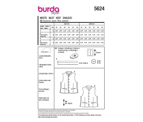 Patron Burda Style n°5624 – Gilet Homme Tailles 46-56 - plan de montage et fournitures