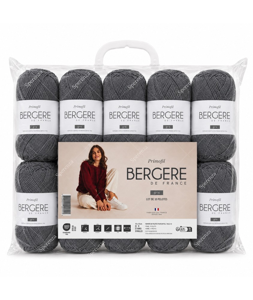Lot de 10 pelotes Primofil Bergère de France - coloris Gris chiné, sachet de 10 pelotes de 50 g