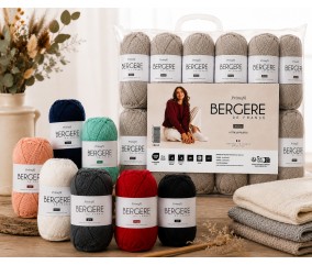 Lot de 10 pelotes Primofil Bergère de France - gamme des coloris disponibles et exemples de tricots réalisés