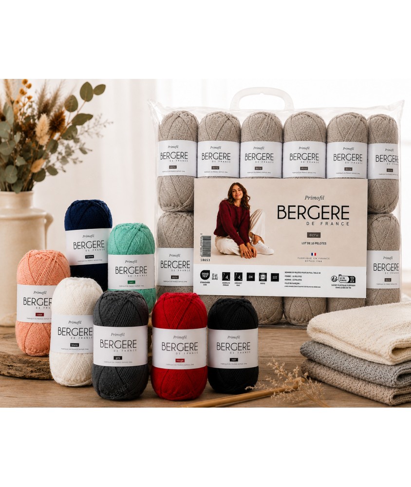 Gamme des coloris du lot de 10 pelotes Primofil Bergere de France et exemples de tricots realises