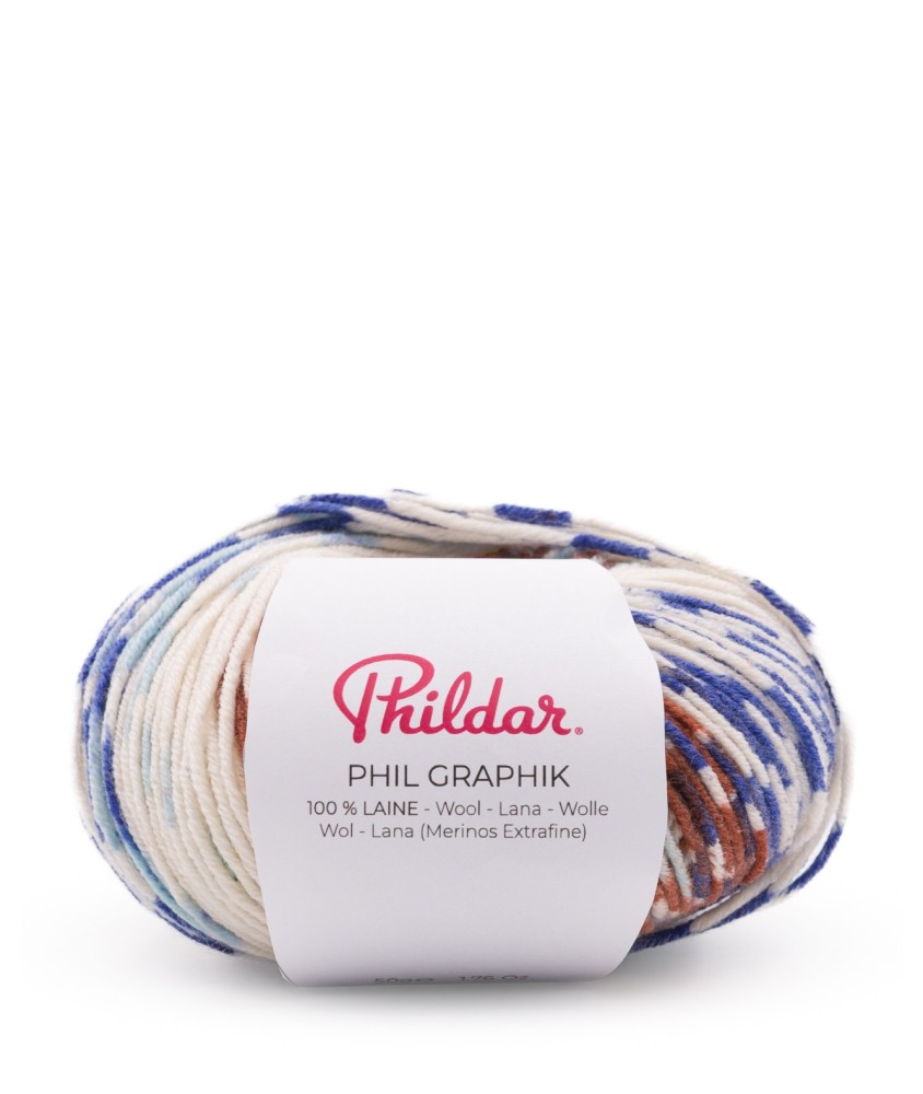 Pelote Phil Graphik Phildar coloris Imprimé Bleu - pelote avec bandeau sur fond blanc