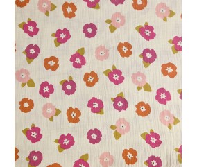 Tissu double gaze de coton gaufrée petites fleurs roses