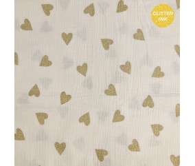 Tissu double gaze de coton gaufrée cœurs dorés pailletés