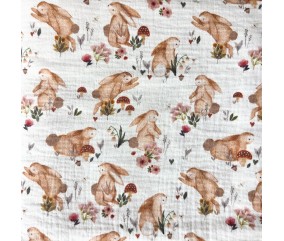 Tissu enfant double gaze de coton gaufrée lapins des bois