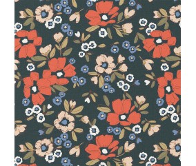 Tissu coton imprimé fleurs corail fond marine