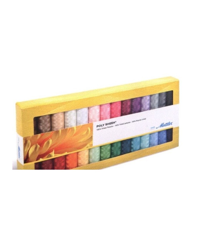Bobines de fil Mettler Poly Sheen dans leur coffret, vue de face