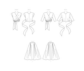 Patron Simplicity 9288 - Top portefeuille et jupe évasée - dessins techniques des modèles