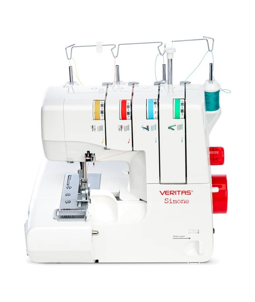 Surjeteuse VERITAS Simone vue de face, 4 fils et molettes de tension à code couleur