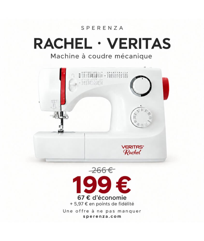 Machine à coudre mécanique VERITAS Rachel vue de face, 32 points et boutonnière automatique