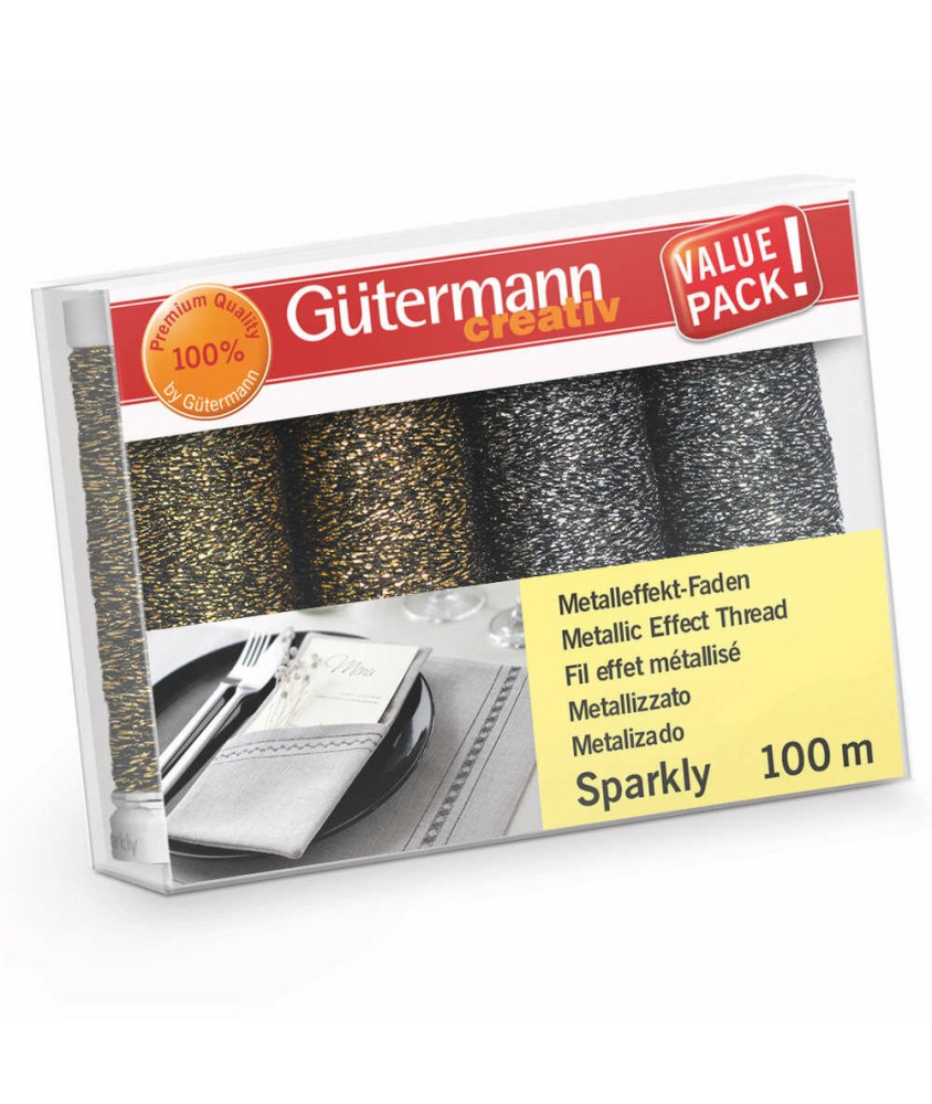 Coffret 4 bobines de fil métallisé Sparkly Gütermann - assortiment argent et or