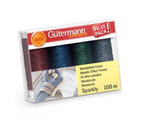 Coffret 4 bobines de fil métallisé Sparkly Gütermann - assortiment rouge, bleu, vert et anthracite