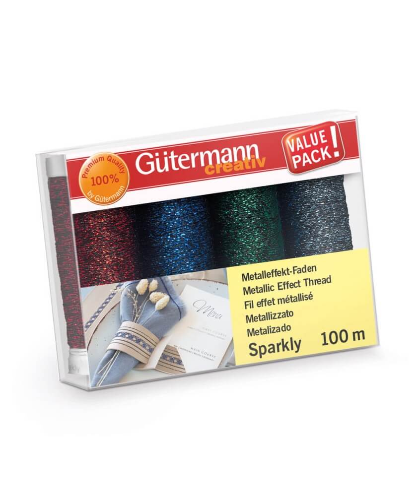 Coffret 4 bobines de fil métallisé Sparkly Gütermann - assortiment rouge, bleu, vert et anthracite