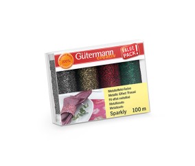 Coffret 4 bobines de fil métallisé Sparkly Gütermann - assortiment argent, or, rouge et vert