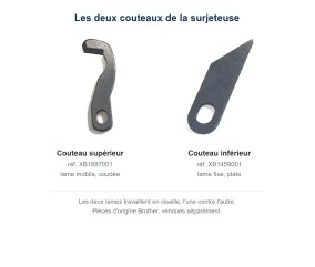 Couteau supérieur XB1687001 et couteau inférieur XB1459001 - les deux lames de la surjeteuse Brother