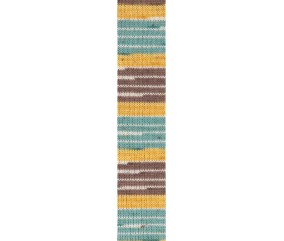 Laine à chaussettes Hot Socks color Gründl - échantillon tricoté coloris 12 Bleu fumé Jaune moutarde Taupe