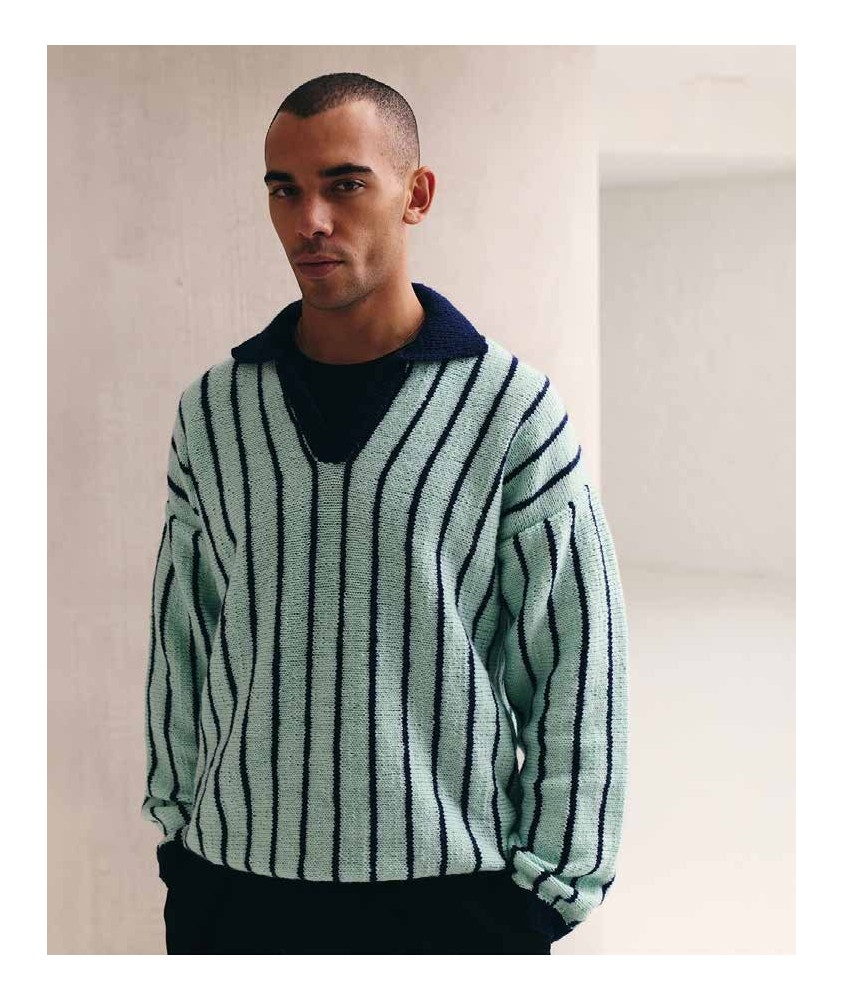 Pull homme Cameron rayé - Patron tricot Pingouin - modèle porté