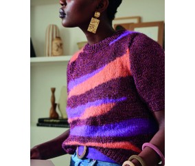 Pull Renelle version bourgogne, abricot et violet - Patron tricot Phildar - modèle porté