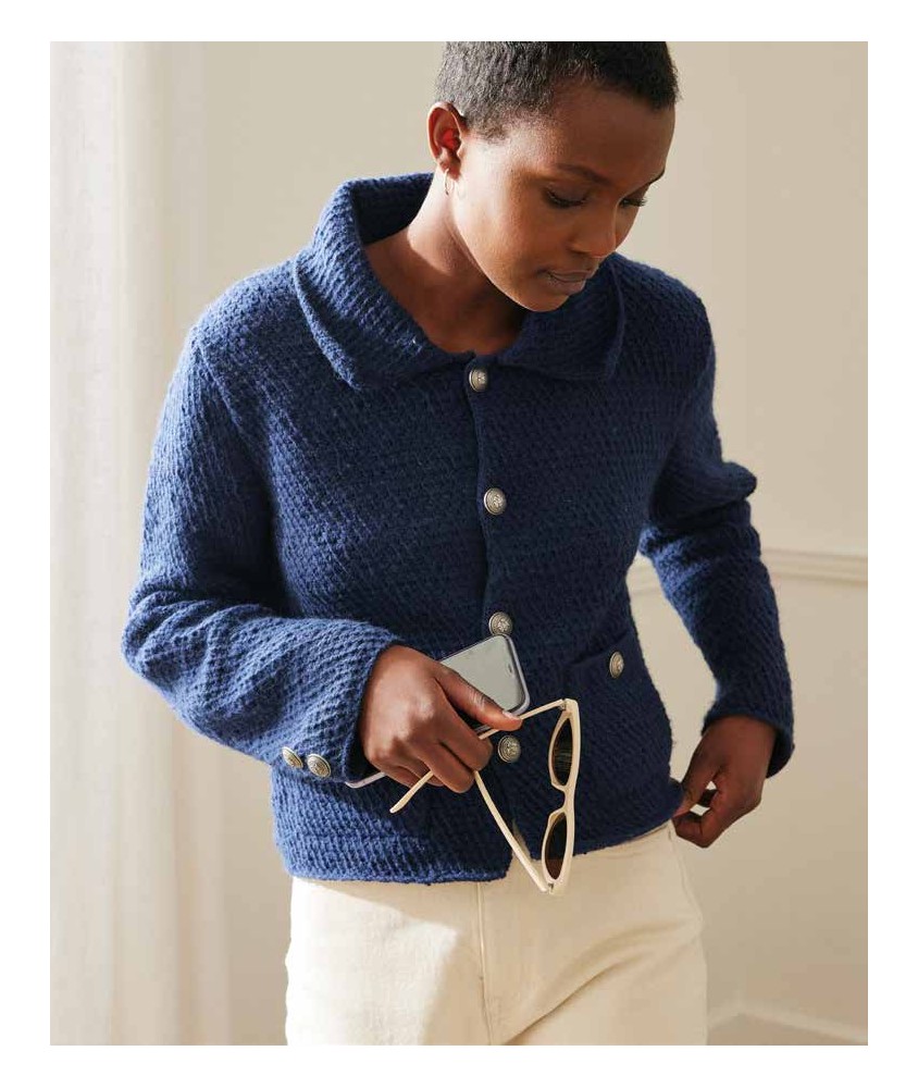 Veste femme Reba au point croisé contrarié - Patron tricot Phildar - modèle porté