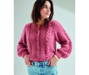 Gilet femme Axelle en point de riz rose, manches ballon - Patron tricot Phildar - modèle fini