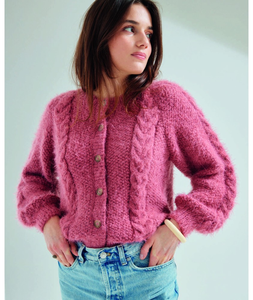 Gilet femme Axelle en point de riz rose, manches ballon - Patron tricot Phildar - modèle fini