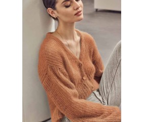 Gilet femme Britney en mohair soie lurex noisette, col V - Patron tricot Phildar - modèle fini