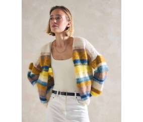 Gilet femme Carlotta rayé écru, saphir et jaune d'or - Patron tricot Phildar - modèle fini