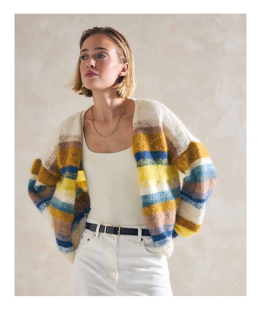 Gilet femme Carlotta rayé écru, saphir et jaune d'or - Patron tricot Phildar - modèle fini