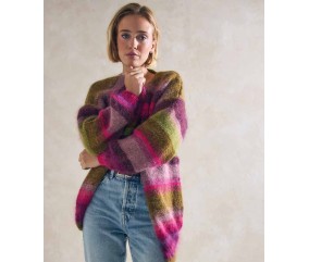 Gilet femme Carlotta rayé fuchsia, kiwi et mordoré - Patron tricot Phildar - modèle fini