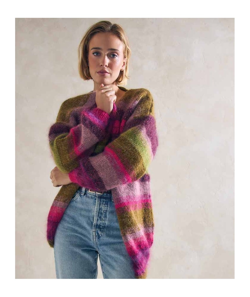 Gilet femme Carlotta rayé fuchsia, kiwi et mordoré - Patron tricot Phildar - modèle fini