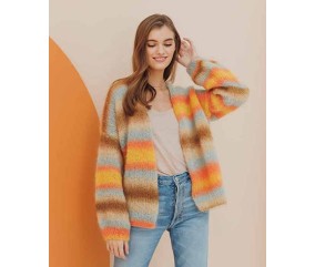 Gilet femme Elsie en mohair rayé arlequin, jersey grosses aiguilles - Patron tricot Phildar - modèle fini
