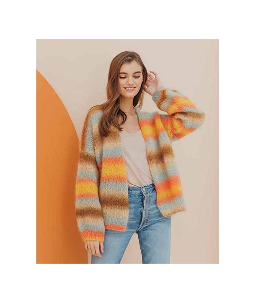 Gilet femme Elsie en mohair rayé arlequin, jersey grosses aiguilles - Patron tricot Phildar - modèle fini