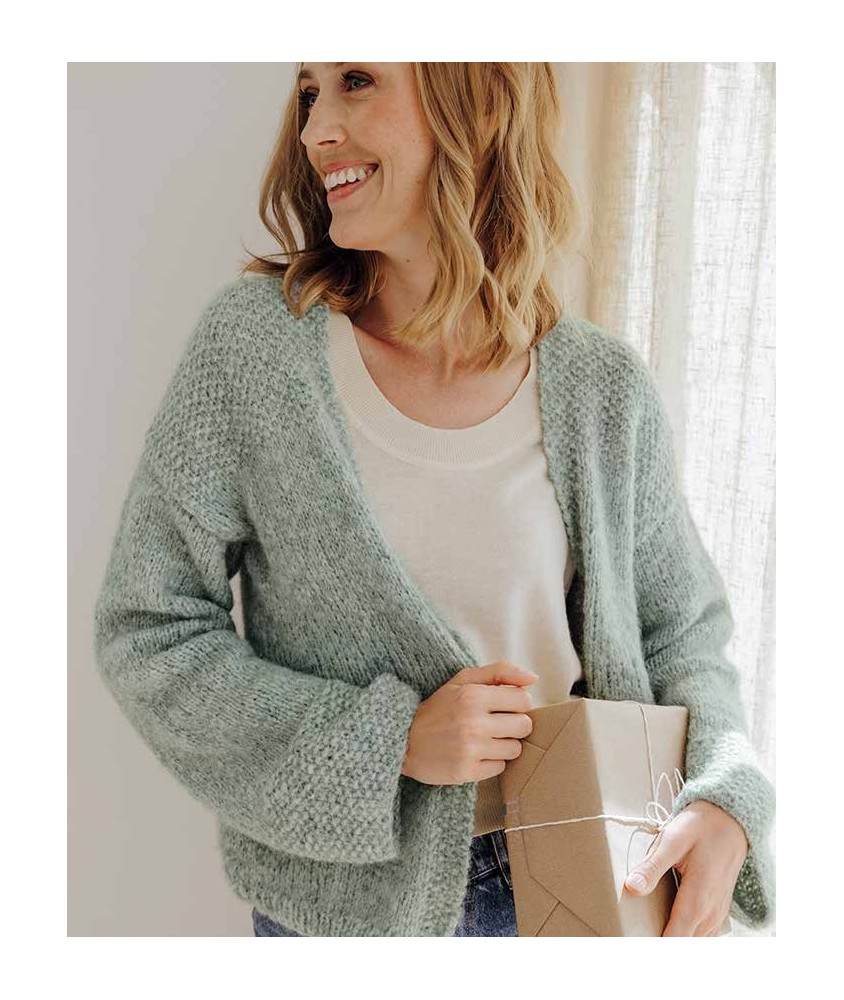 Gilet long femme Javotte en alpaga amande, jersey et point de riz - Patron tricot Phildar - modèle fini