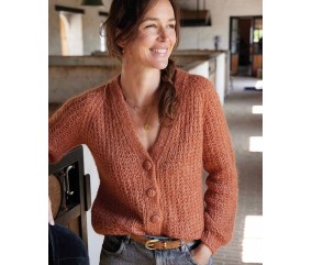 Gilet femme Séverine en alpaga praline, point de sable - Patron tricot Phildar - modèle fini