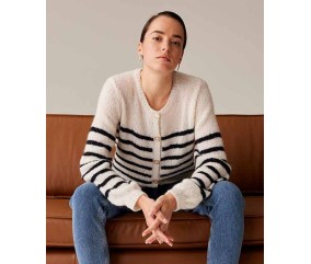Gilet femme Zarina en jersey rayé craie et marine - Patron tricot Phildar - modèle fini