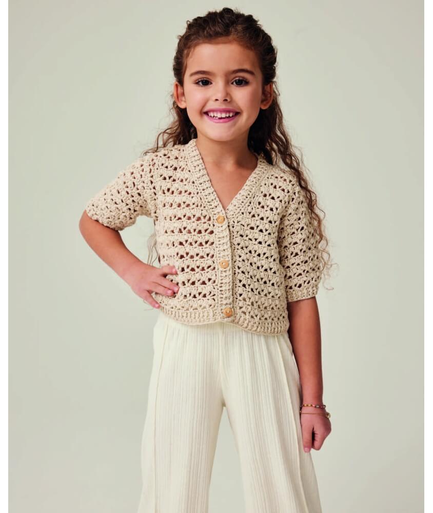Gilet fille Géraldine au crochet, coloris ivoire, manches courtes - Patron Phildar - modèle fini