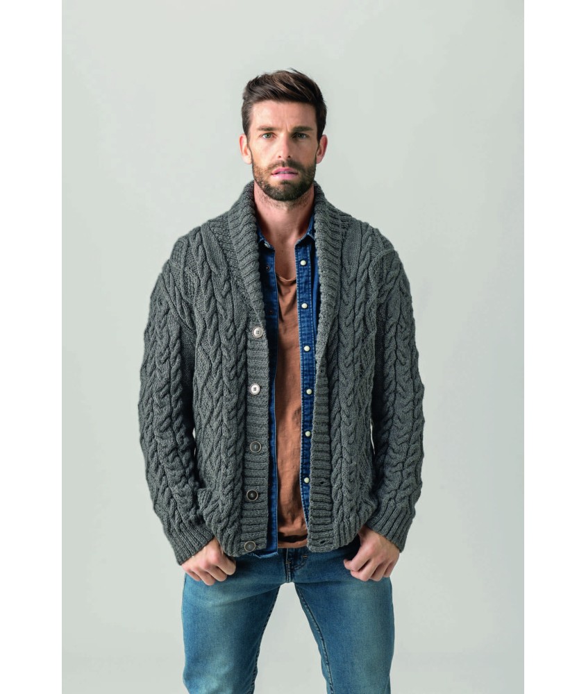 Gilet homme Paoël en laine acier, torsades irlandaises - Patron tricot Phildar - modèle fini