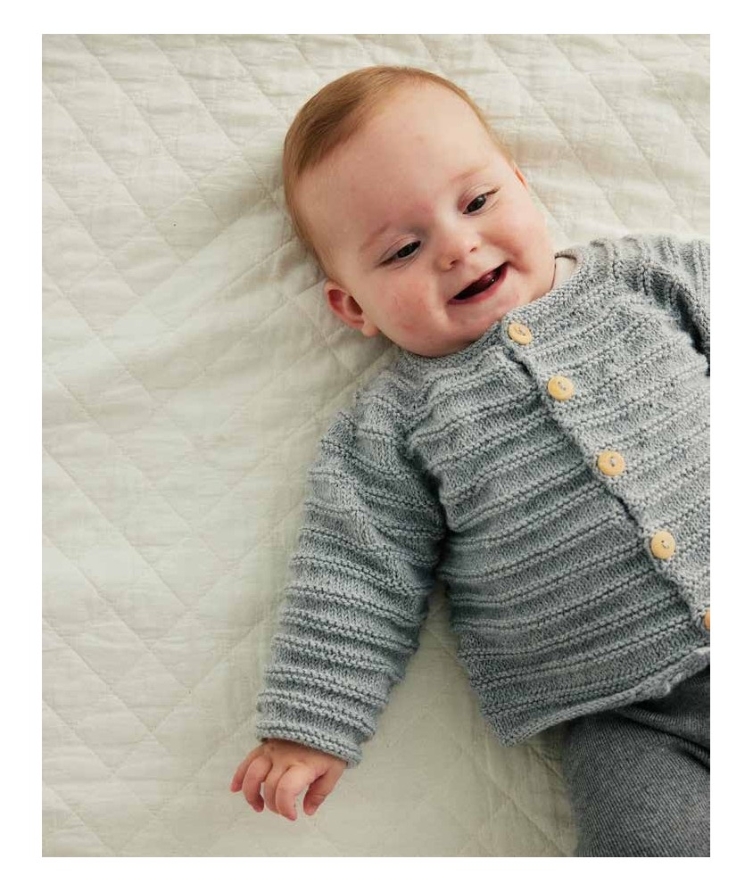 Gilet bébé Blaise en laine d'agneau flanelle, jersey rayé mousse - Patron tricot Phildar - modèle fini