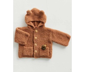 Paletot bébé Baby en fil doudou cappuccino, capuche à oreilles - Patron tricot Phildar - modèle fini