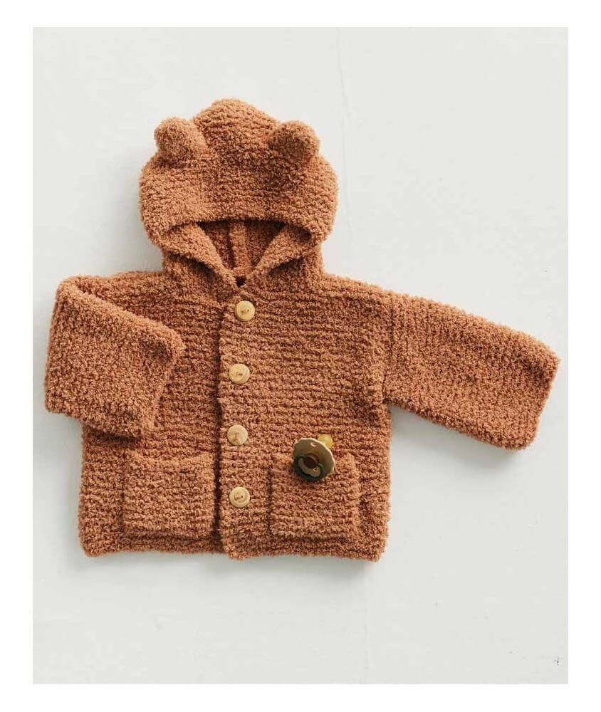 Paletot bébé Baby en fil doudou cappuccino, capuche à oreilles - Patron tricot Phildar - modèle fini