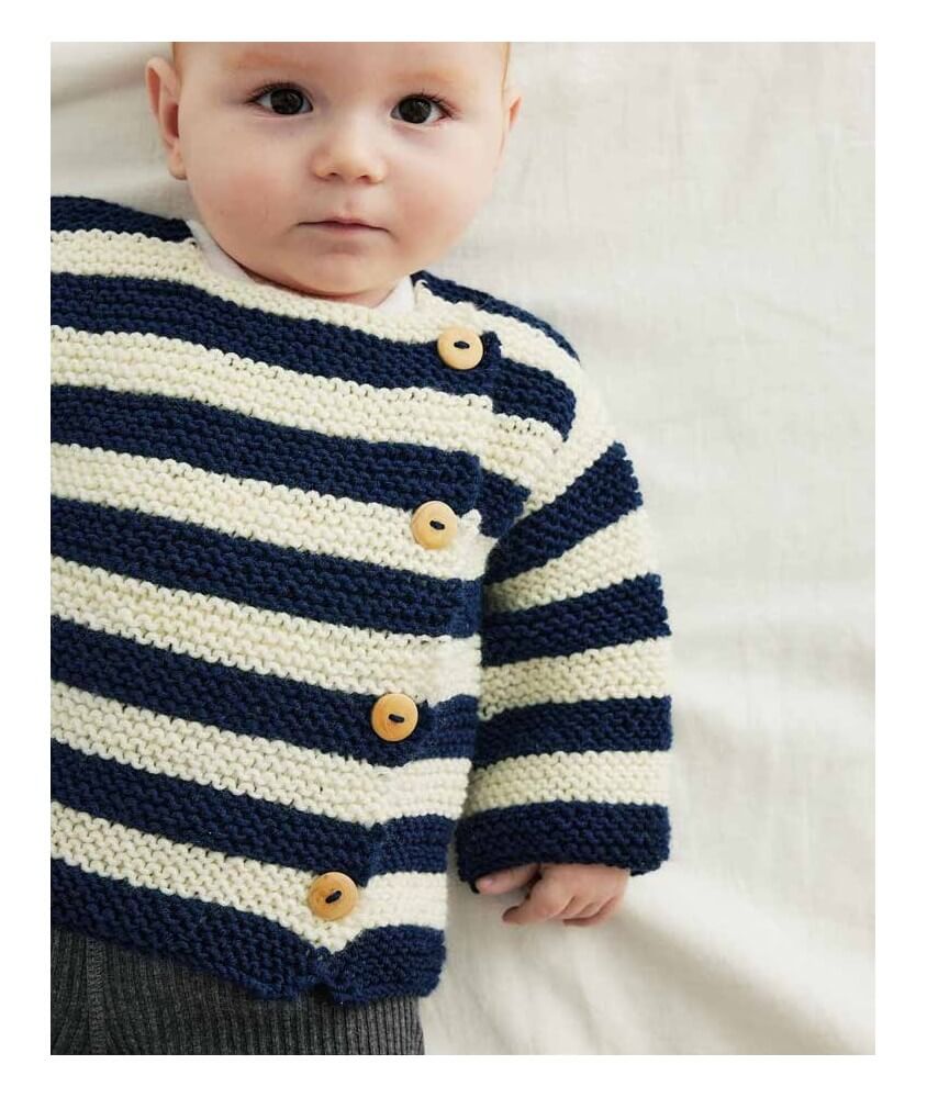 Paletot bébé Berverly en laine rayée écru et marine, point mousse - Patron tricot Phildar - modèle fini