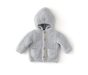 Paletot à capuche bébé Henry en fil doudou givre, poches plaquées - Patron tricot Phildar - modèle fini