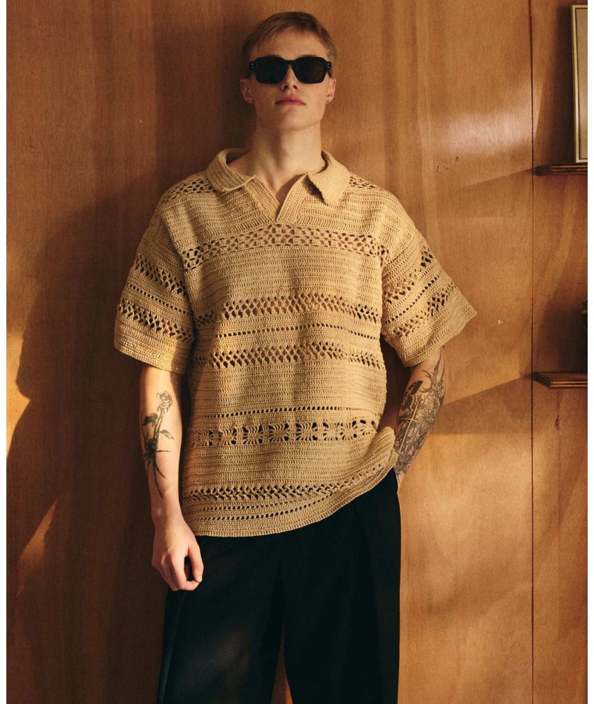 Polo homme Vanui au crochet, coton chanvre, manches courtes - Patron Pingouin - modèle fini