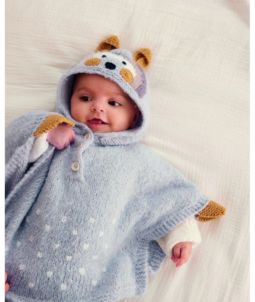 Poncho bébé Iphigénie à capuche ourson, jacquard givre et flanelle - Patron tricot Phildar - modèle fini
