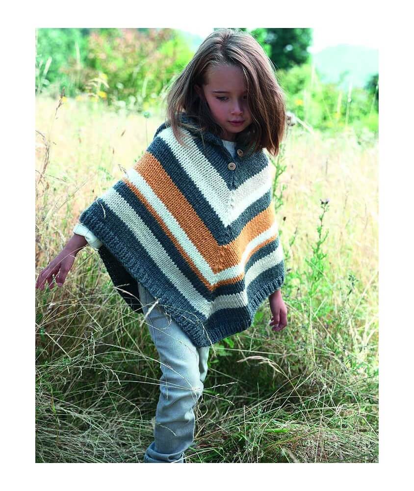 Poncho fille Cara en jersey rayé acier, girafe, écru et sable - Patron tricot Phildar - modèle fini