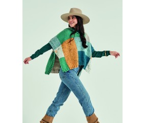 Poncho femme Rachele en jacquard écru, amande, paon et miel - Patron tricot Phildar - modèle fini