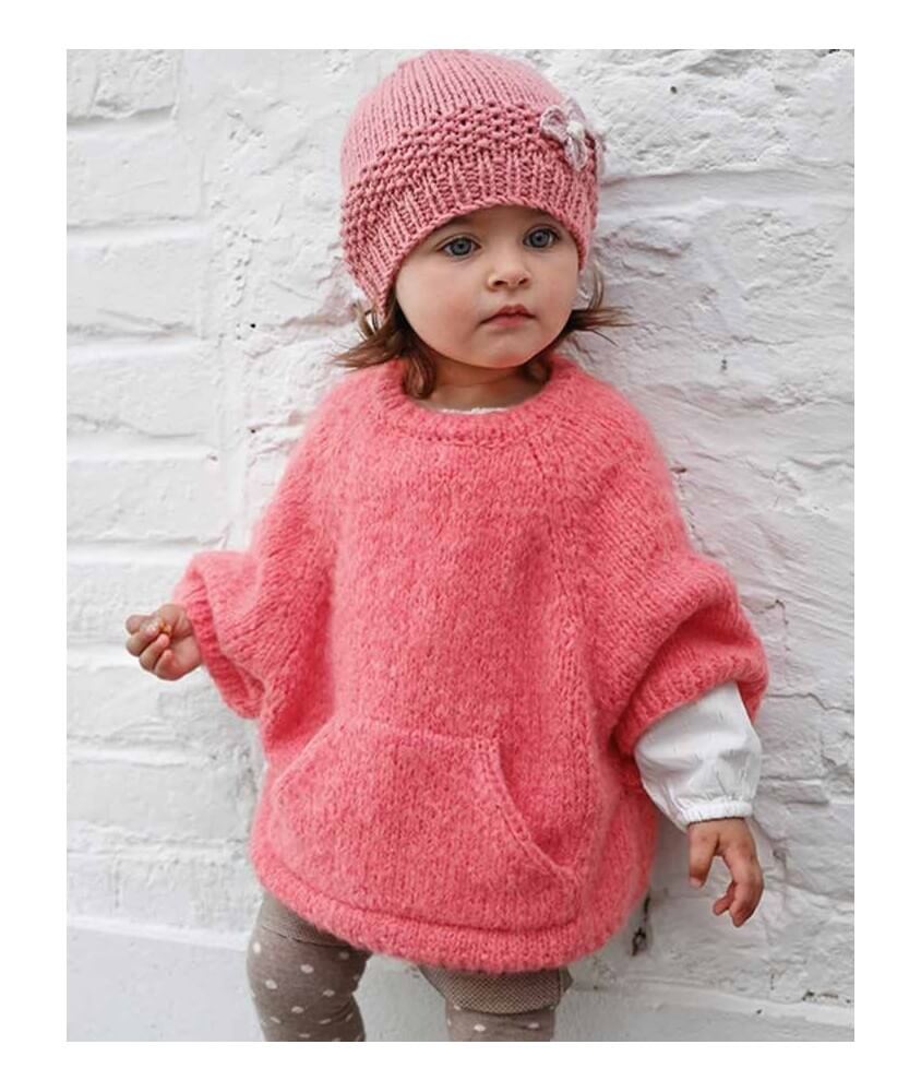 Poncho fille Joana en fil berlingot, jersey et raglan - Patron tricot Phildar - modèle fini
